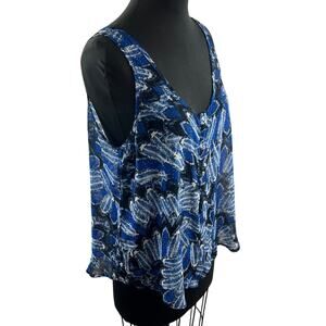 PJK Patterson J Kincaid Blue Black Print Sleeveless Top Deep Neckline L Large